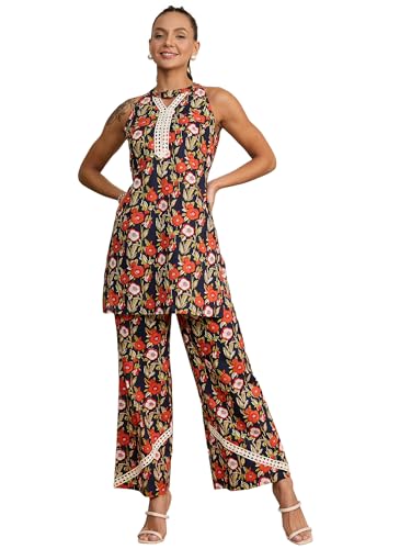 Image of Women's Floral Printed Kurti and Palazzo Set | Sleeveless Ethnic Co-Ord Set
