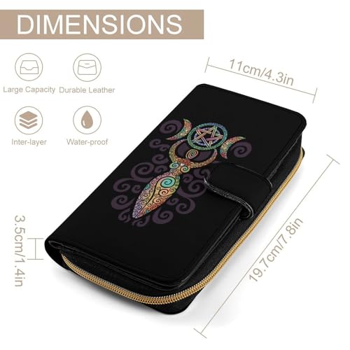 Wicca Wiccan Triple Moon Gaia Pattern Leather Wallets Large Capacity Zipper Pocket Card Holder with ID Window2