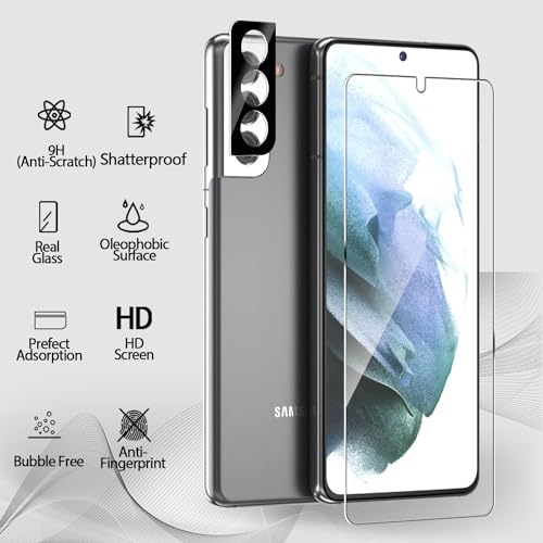 BIGFLYANTS [2+2 Pack Samsung Galaxy S21 Screen Protector with Camera Lens Protector, [9H Tempered Glass] [Fingerprint Unlock Support] [3D Curved] Glass Screen Protector for S21