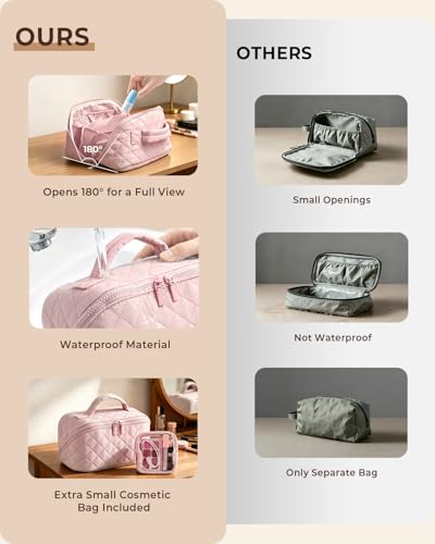 Image of Batfield Makeup Pouch Bag for Women, 2Pcs Waterproof Puffer Set with 180 Flat Open, Travel Large Capacity Makeup Bag for Women with Brush Compartment & Handle for Vacation, Business Trip (Pink)