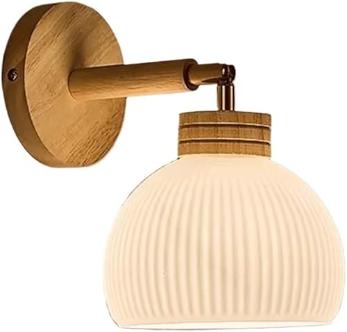 Aplique nórdico de pared de vidrio blanco leche acanalado con base de madera vintage, iluminación de ángulo ajustable para sala de estar, balcón,