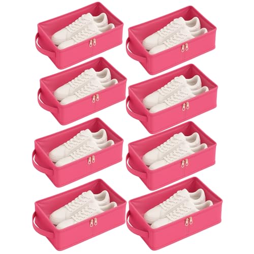 Image of Under Bed Shoe Storage Organizer Box with Clear Plastic Zippered Cover | Foldable Rexine Shoe Bag for Closet, Bedroom & Travel | Dustproof Footwear Holder for Men & Women (Pink, Pack of 8)