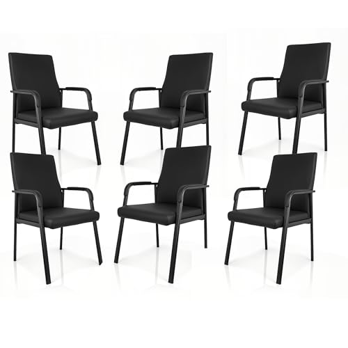 Image of Leather Office Guest Chair, Guest Conference Room Chair, 600 LBS Capacity High Back Reception Chair with Padded Armrests, No Wheels, Black - 6 Pack