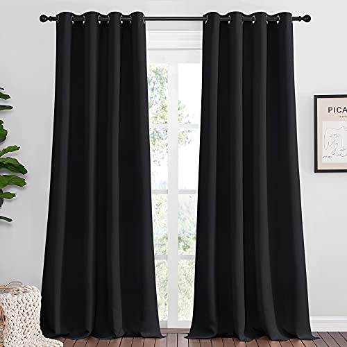 Image of NICETOWN Patio Blackout Curtain Shades, 2 Panels, 55 inches x 118 inches, Black, Summer Home Decoration Thermal Insulated Grommet Blackout Draperies /Drapes for Kitchen