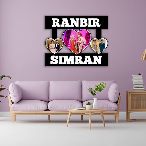 Image of Shrikant Art Personalized Couple Multi-Photo Collage Wall Hanging - Custom Name Wooden Picture Frame with 3 Heart-Shaped Photo Slots for Weddings and Anniversaries