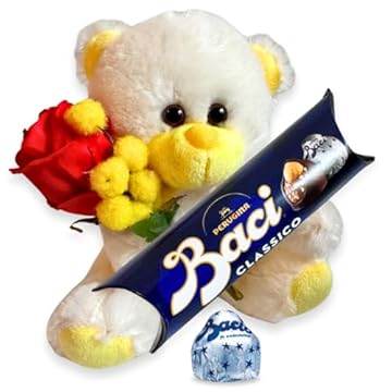 NARAMAKI® Idea Regalo Uomo Donna - Orsacchiotto Giallo + Rametto Mimosa + Rosa Artificiale + Baci Perugina 37,5gr | Regalo Compleanno