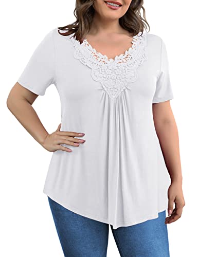 Image of Tralilbee Women's Plus Size Tops Casual Blouse Short Sleeve Lace Crochet Tunic Tops, M-4XL