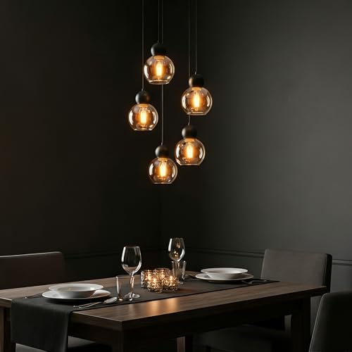 Image of 5-Light Black Cluster Pendant with Globe Amber Glass, Adjustable | Hardwired, Modern Style, for Staircase, Kitchen Island, Dining Room, Entryway