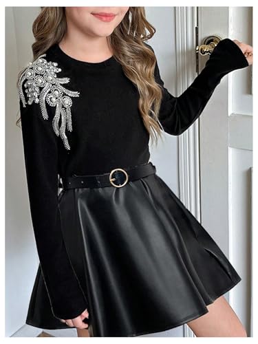 SweatyRocks Girl's Glitter Pearl Beaded Tee Shirt Long Sleeve Crew Neck Slim Fit Elegant Tee Tops3