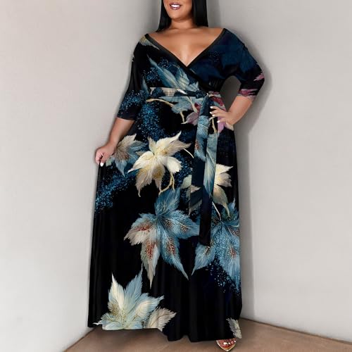 Image of SUZONANA Plus Size Maxi Dresses for Curcy Women Casual Loose 3 /4 Sleeve Long Dress with Belt