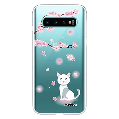 Evetane Case Compatible with Samsung Galaxy S10 360 Full Front Back Resistant Slim Protective Transparent Case Cover with Cat and Flowers Design Cover