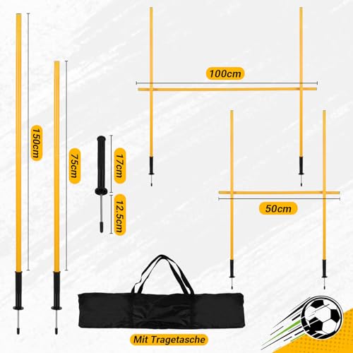 Eikuavons Slalomstangen Fussball Set, Slalom Poles 6, Horizontale Stöcke 2, 150cm Slalom Stangen mit Feder, Sprunghafte Agilität Stangen, Fussball trainingszubehör für Koordinationstraining