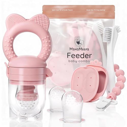 MAMAMEEPA Baby Fruit Feeder & Popsicle Molds Set Baby Food Feeder Nibbler Breastmilk Popsicle Molds Grip Handle Safety Strap & Cleaning Brush Feeding Essentials 612 Months (Pink)