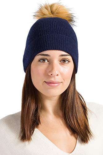 Fishers Finery Women's 100% Cashmere Cuffed Pom Beanie (Navy)
