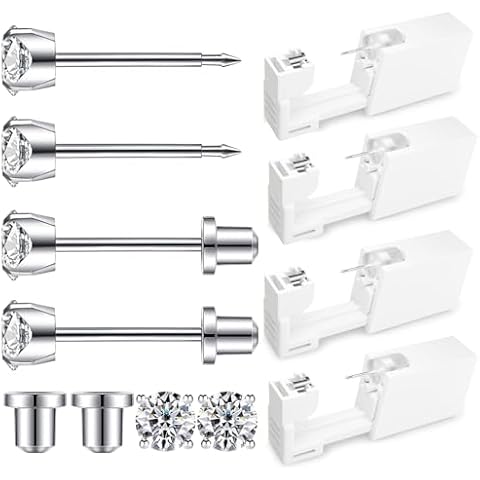 SugarTang Ear Piercing Kit | Disposable Ear Piercing Gun Kit Made in 316L Surgical Stainless Steel with 4mm - 4prong Cubic Zirconia | At Home Self Ear Piercer Kit with Earrings Stud | 4 Pack Cover