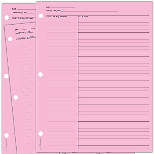 MPC Brands Cornell Style Study Note Taking System Sheets, White, 3 Hole Punch, Double Sided (Pink, 50)