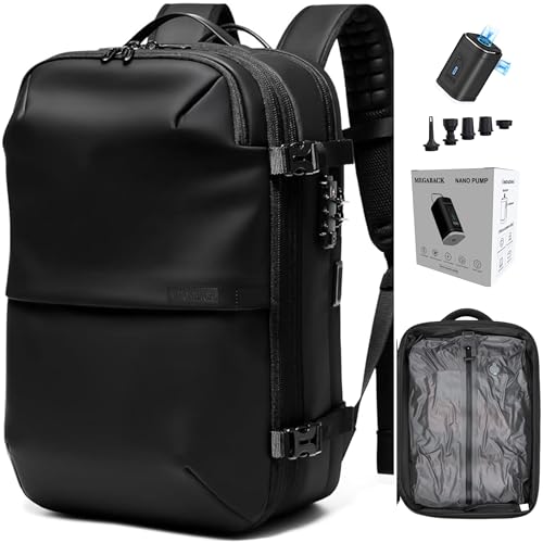 MEGABACK Mochila a vácuo para viagem com bomba, mochila expansível de 60 L, mochila de viagem com sistema de vácuo, trava TSA, porta de carregamento USB, resistente à água