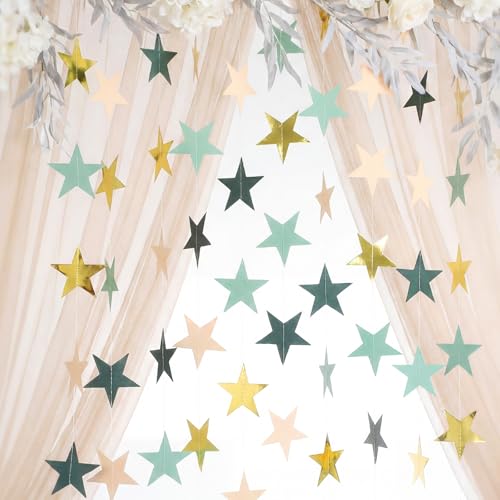 Image of Patelai 130 Feet Glitter Star Garland Banner 2026 Party Decoration Double Side Star Hanging String Streamer Paper Twinkle for Graduation Wedding Birthday (Dark Green,Gold,Yellow,Light Green,Apricot)