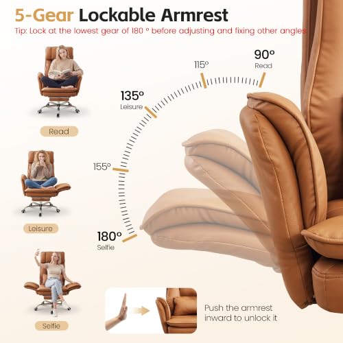 Image of Big and Tall Office Chair, Footrest & Flip Armrest for Pets, PU Brown