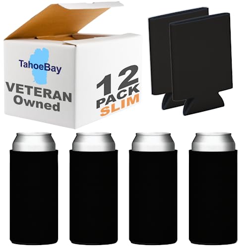 TahoeBay Slim Can Cooler Sleeves (12-Pack) Insulated Polyfoam, Scuba Knit Polyester Fabric Thermocoolers for 12oz Tall Skinny Beverage Cans – Blank Design, Ready for Printing (Black)