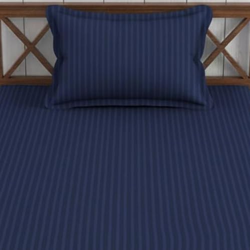 Image of Trance Home Linen Cotton 72X30 Inch Single Fitted 200TC Satin Stripe Elastic Fitted Bedsheet|Single Bed Size Daily Use Fitted Bedspread With 1 Pillow Covers (72 inchX30 inch|6X2.5 Feet,Dark Blue),Small Single