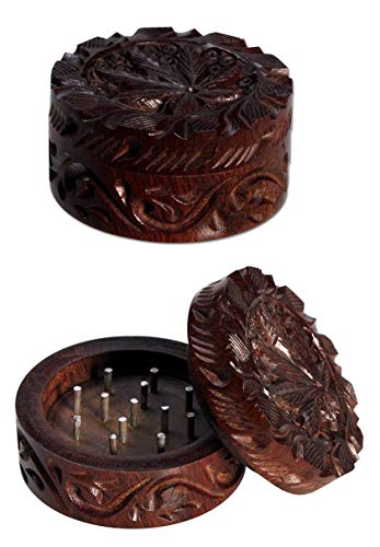 bong-discount Kräuter-Mühle, Herb-Crusher, HOLZ-Grinder Blatt-Motiv 'Leaf' | 25 x 45 mm