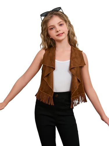 SOLY HUX Girl's Cute Vest Sleeveless Fringe Suede Vests Western Vest Jacket Cardigan Trendy Fall Outerwear
