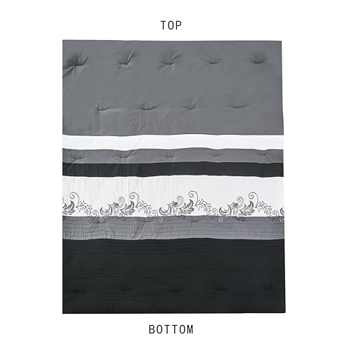 Chezmoi Collection Napa 7-Piece Luxury Leaves Scroll Embroidery Bedding Comforter Set (Full, Black/Gray/White)