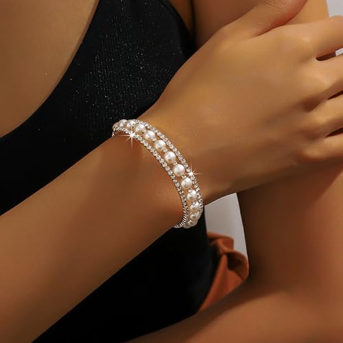 Pearl Stretch Cuff Bracelet for Women Adjustable Multilaye Rhinestone Crystal Bracelet Wedding Party Brides Bridesmaid Jewelry2