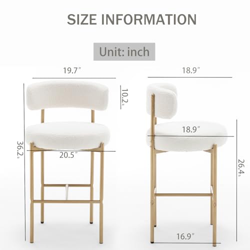 Image of Cinxzar Boucle Bar Stools Set of 3, White Counter Height Bar Stools with Backs, Gold Modern Barstools for Kitchen Island, Pub, Club