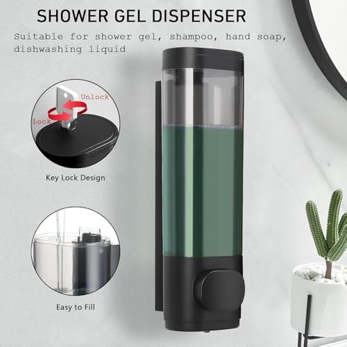 Schwarzer 300-ml-Seifenspender, wandmontierter Duschgelspender mit schwarzem Knopf, Badezimmer-Flüssigkeitsflaschenbehälter, Handwasch-Pumpflasche, Nachfüllbehälter für Zuhause, Hotel, Büro