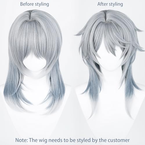 Image of Sunday Anime Gray Blue Wig with Bangs Men Long Straight Wig Layered Haircut Game Cosplay Wigs Halloween,Christmas,Comic con,Game Show,Party,Carnival