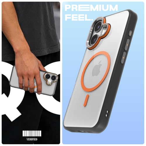 Image of Pikkme Back Cover for iPhone 16 Plus | Shockproof | Mag-Safe Compatible | Hard Transparent Back | Premium Raised Camera Protection | Bumper Case (Black & Orange Mag-Safe)