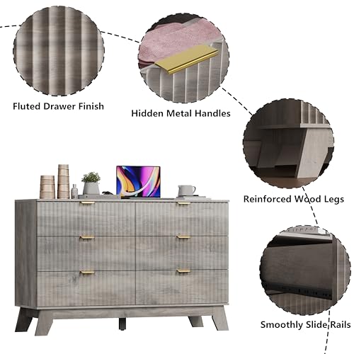 Image of 6 Drawer Dresser for Bedroom, Fluted Dressers Chest of Drawers with Gold Handle, Mid Century Modern Dresser for Closet, Wood Closet Storage Organizer Furniture for Bedroom, Living Room, Hallway, Grey