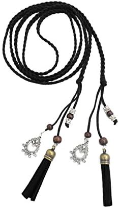 Exotic Women Black Waist Belt/ Rope/Chain Skinny Belt with Tassel and Beads for Ladies Skirt Dress in 8 Colors