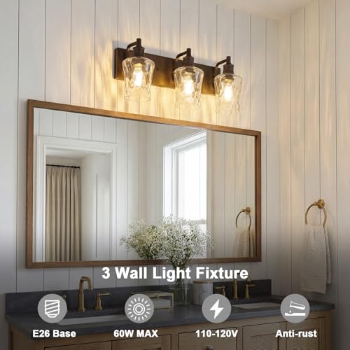 Image of Bathroom Light Fixtures Farmhouse Oil Rubbed Bronze Vanity Lights for Bathroom Lighting Fixtures Over Mirror with Hammered Glass Lampshade for Cabinet Mirror Bedroom Hallway 3 Light