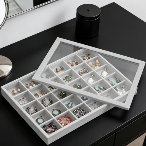 Image of Wudygirl Jewelry Organizer Velvet Jewelry Tray with Lid Earring Holder Organizer Drawer Insert 30 Gird Earring Tray Ring Storage for Women Adjustable Set of 2 (Gray)