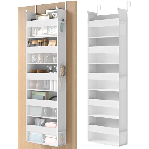 SONGMICS Over the Door Organiser, Hanging Door Organiser with 5 Large Pockets, 5-Tier Fabric Storage, Transparent Nylon Mesh, Foldable, Metal Hooks, with Side Pouches, Cloud White RDH007W01