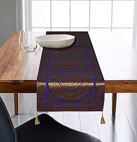 Image of Diwali Decor Brocade Jacquard Silk Table Runner Long Runner for Dinning & Centre Table Mandala Print 72 x 16 Inches (Navy Blue)