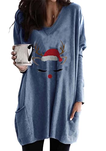 Yming Frauen Rundhals Sweatshirts Winter Langarm Pullover Weihnachtspulli mit Taschen Elch Blau L