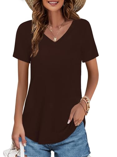 Image of Elesomo Womens T Shirts V Neck Summer Short /Long Sleeve Cotton Tops