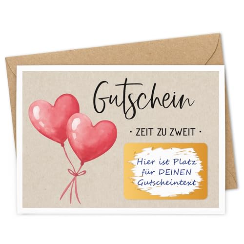 KuschelICH Rubbelkarte Gutschein Zeit zu zweit mit Herzballons | personalisierbare Gutscheinkarte mit Rubbelaufkleber | inklusive Kraftpapier Umschlag | Made in Germany