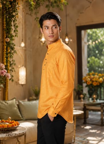 Image of Majestic Man Men's Cotton Blend Textured Regular Fit Full Sleeve Short Kurta