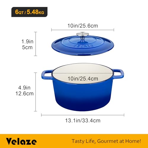 Image of Velaze 6 QT Enameled Cast Iron Dutch Oven Pot with Lid, Blue