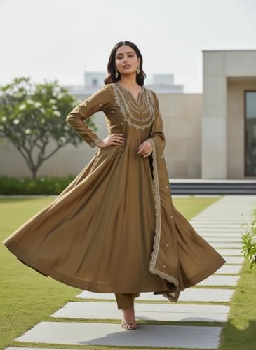 Image of Yashika Women's Silk Blend Embroidered Anarkali Kurta Set with Dupatta | Full Length Ethnic Wear for Women | Wedding