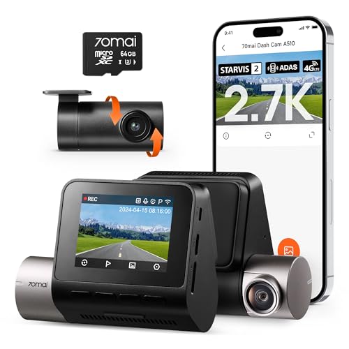 70mai Dashcam Auto Vorne Hinten A510, 2.7K 1944P+1080P Dash Cam STARVIS 2, HDR Nachtsicht,...