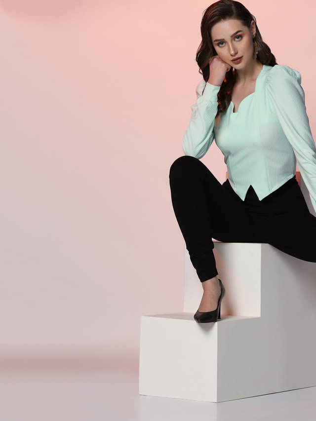 Image of Selvia Women's Knitted Cuff Sleeve Lycra Sweetheart Neck Crop Top