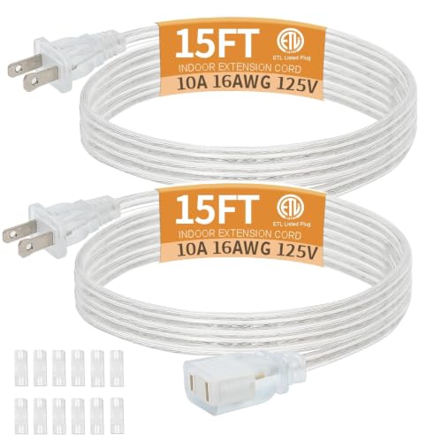 15 Ft Clear Extension Cord Indoor Thin, Male to Female, 2 Pack