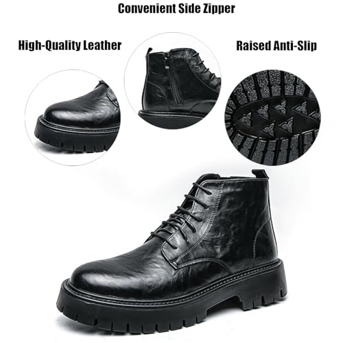 Men'S Leather Platform Chunky Low Heel Oxford Chukka Boots With Side Zipper Vintage Round Toe Lug Sole Non-Slip Lace-Up Business Dress Ankle Boots Casual Combat Boots For Work Office2