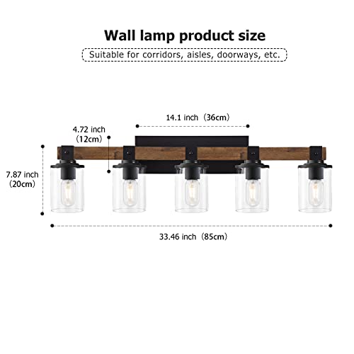 Image of DUJAHMLAND Farmhouse Vanity Lights, 5-Light Wood Bathroom Wall Lighting with Clear Glass, Industrial Metal Wall Sconce for Bedroom, Kitchen, Hallway (Antique Wood, 5-Light)